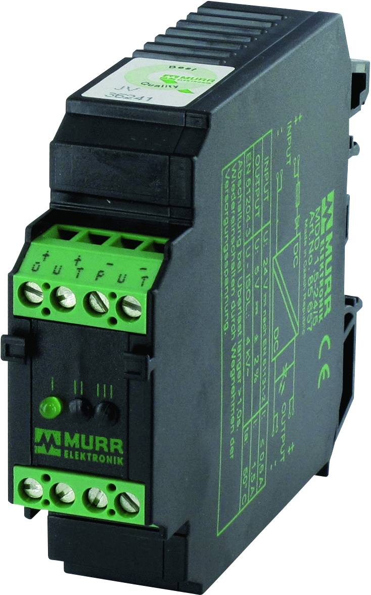 Ein schwarzes elektronisches Modul mit grünen Akzenten, Markenlogo von 'Murrelektronik', Anschlüsse und technische Spezifikationen aufgedruckt.