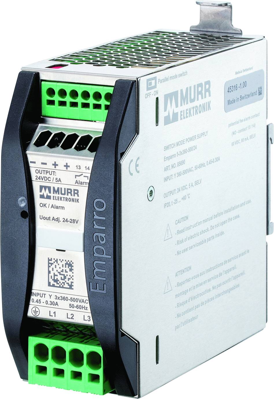 Elektronisches Gerät von Murr Elektronik, Modell Emparro, mit mehreren grünen Anschlüssen.