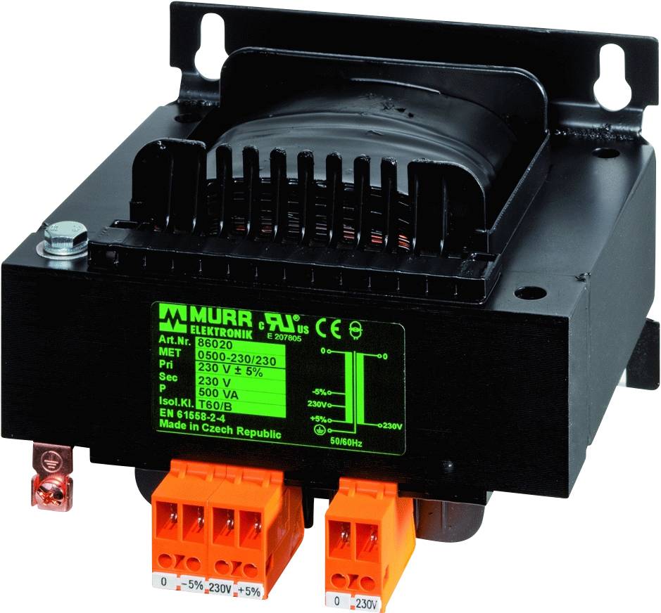 Schwarzer Transformator mit grüner Aufschrift auf der Vorderseite. Oranger Anschluss unten. Marke 'Murr Elektronik', Modell B6200.