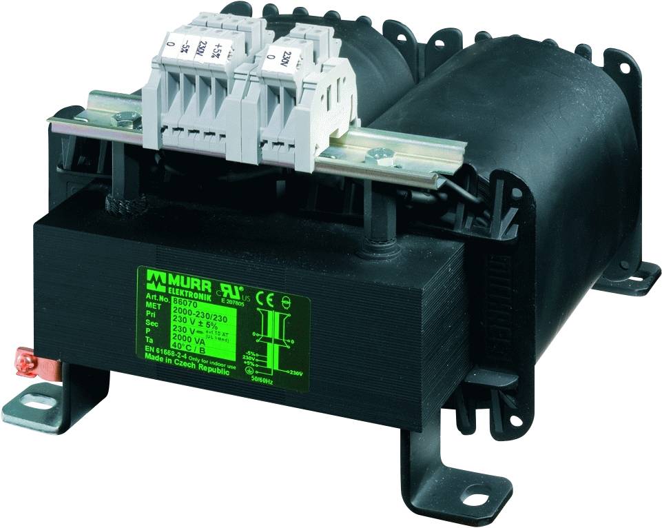 Schwarzer Transformator mit Kunststoffgehäuse, grauen Klemmen und grüner Beschriftung auf der rechten Seite, montiert auf Metallhalterungen.