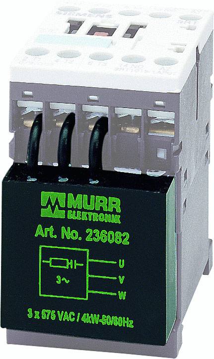Ein elektrischer Schalter von 'Murr Elektronik' mit der Artikelnummer 236082, zeigt Anschlussdiagramm für drei Phasen und 876 VAC.