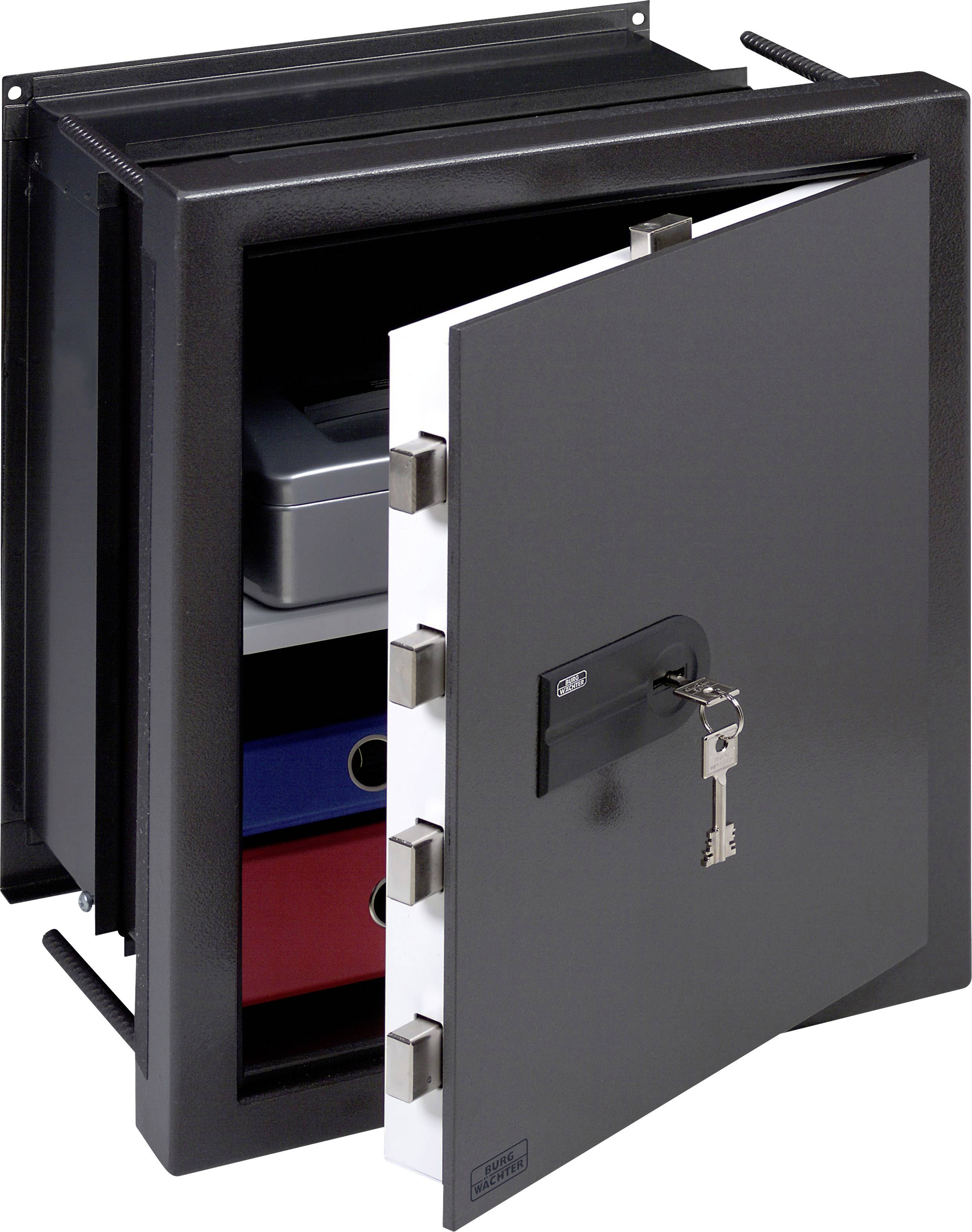Schwarzer Tresor mit geöffneter Tür, darin befinden sich zwei Ordner. Eine Schlüssel steckt im Schloss des Tresors.