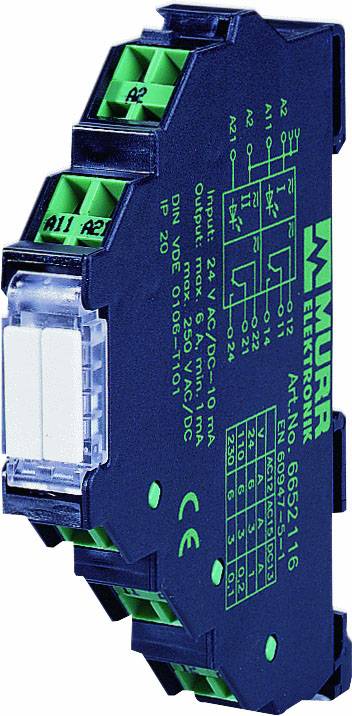 Elektronisches Modul von Murr Elektronik mit grünen Anschlüssen und aufgedruckten technischen Spezifikationen auf der Vorderseite.