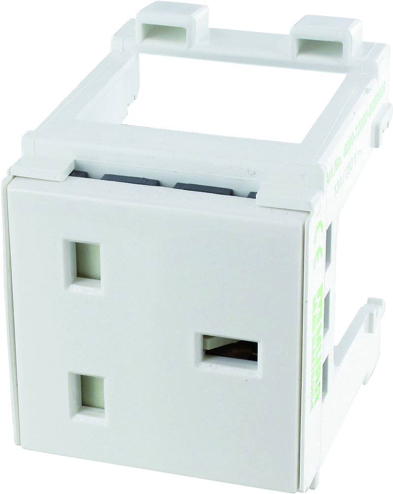 Ein weißer, rechteckiger Adapter für elektrische Anwendungen mit zwei Steckplätzen und Haken zur Befestigung.