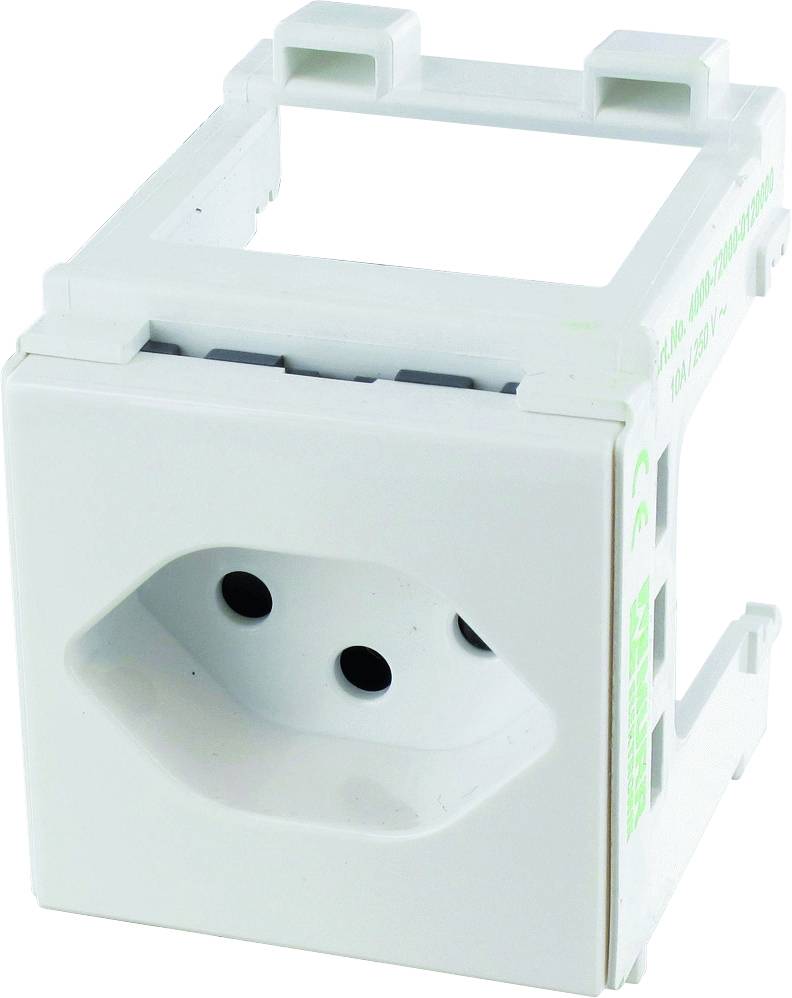 Ein weißer quadratischer Elektroschalter mit zwei Löchern, montiert in einem rechteckigen Rahmen, für elektrische Installationen geeignet.