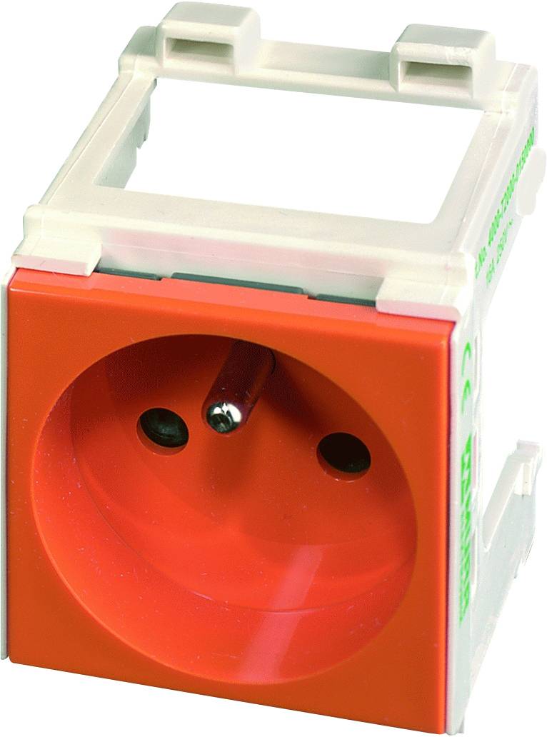 Rote Schutzkontaktsteckdose mit Einbaurahmen; seitliche Ansicht. Geeignet für Wandmontage in Gebäuden.