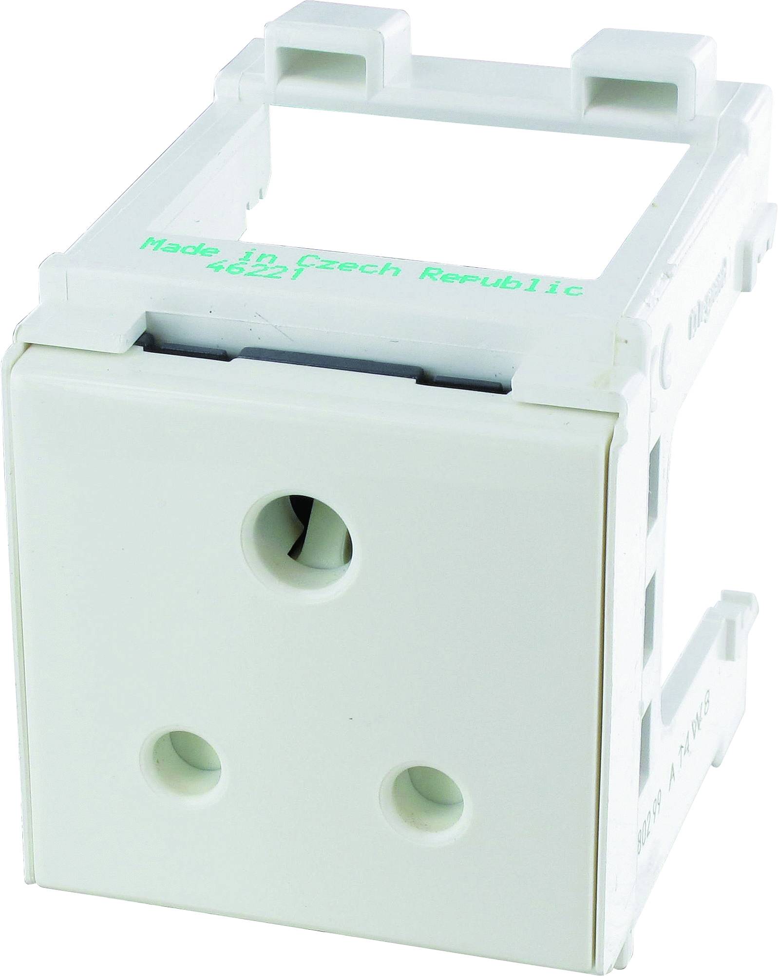 Weißer mechanischer Schalterrahmen mit zwei großen Öffnungen und der Aufschrift 'Made in Czech Republic'.