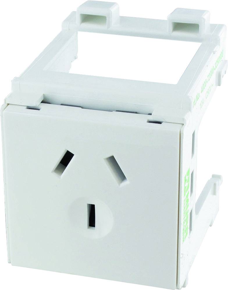 Eine weiße Steckdosenkomponente ohne sichtbare Anschlüsse oder Kabel. Sie hat eine rechteckige Form mit zwei schrägen und einem vertikalen Schlitz.