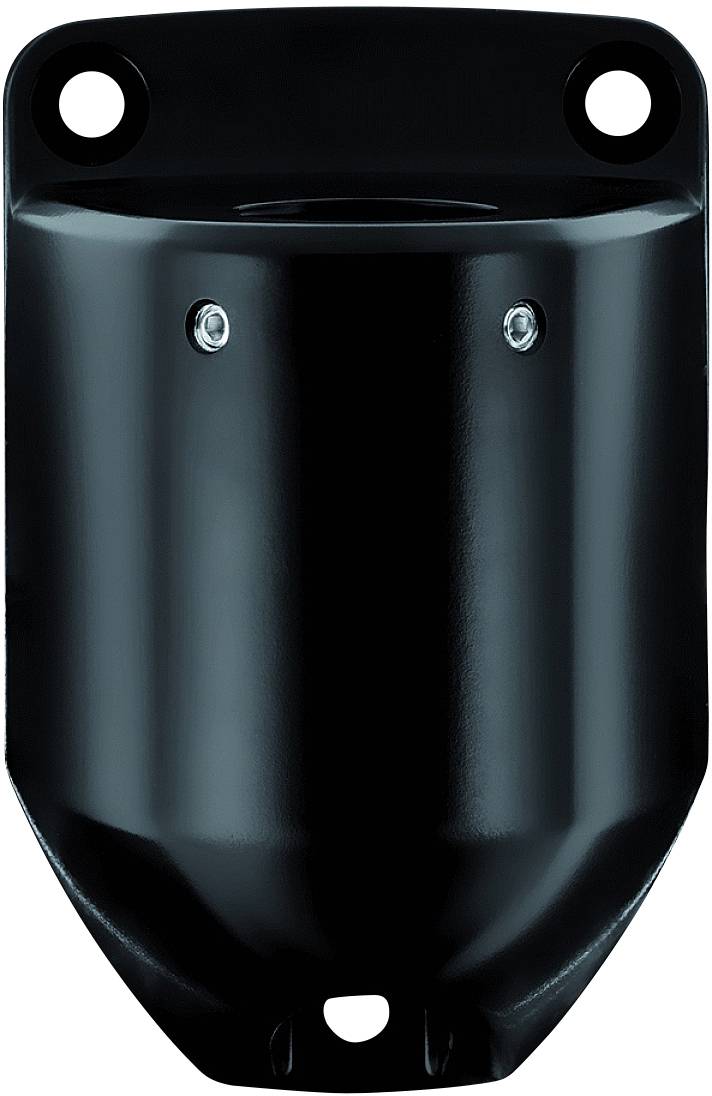 Ein schwarzer Wandhalter aus Metall mit zwei oberen Befestigungslöchern und einem unteren Loch zur einfachen Montage.