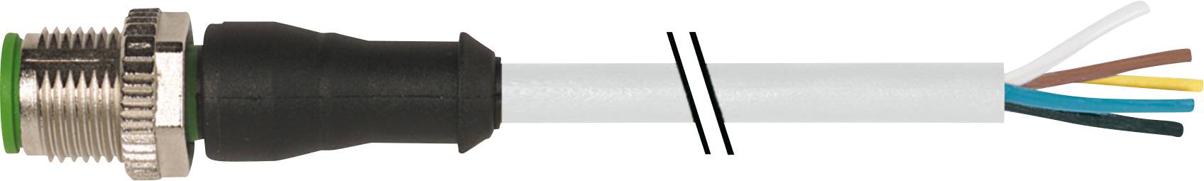 Ein M12-Steckverbinder mit schwarzem Gehäuse und abgeschirmtem Kabel, das in mehrere farbige Adern aufgespalten ist.