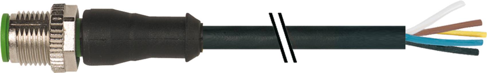 Ein mehradriges Kabel mit einer Metallverbindung auf der linken Seite und farbigen Enddrähten zeigt an, dass es für elektrische Verbindungen verwendet wird.