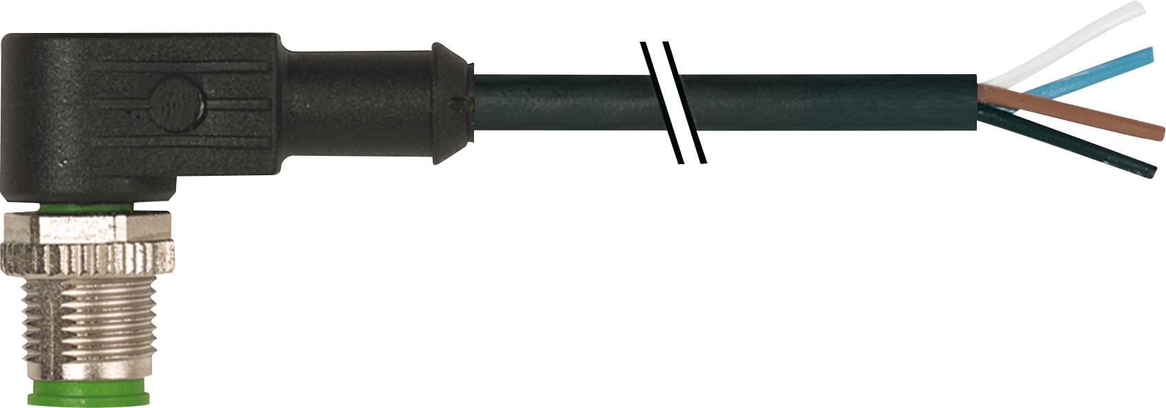 Der Bild zeigt einen schwarzen, abgewinkelten Steckverbinder mit einer offenen Kabelenden, das rote, weiße, braune und blaue Drähte zeigt.