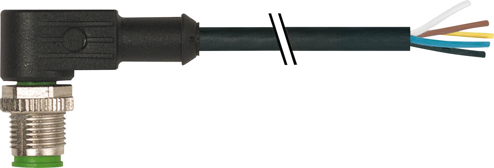 Verbindungskabel mit abgewinkeltem Stecker und vier freiliegenden Drähten in den Farben Blau, Weiß, Braun und Gelb.