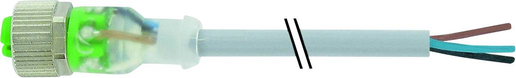 Ein grau ummanteltes Kabel mit sichtbaren Innenleitern in grün, braun und blau, verbunden mit einem Steckverbinder mit Metallgewinde.