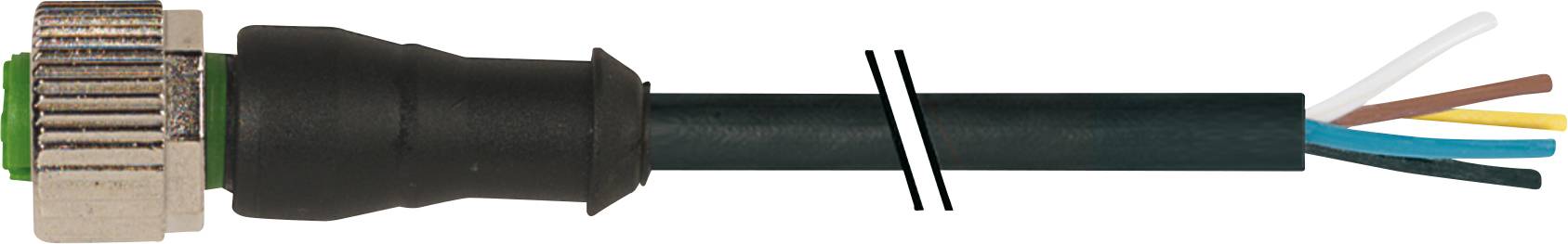 Schwarzes Kabel mit Metallstecker. Der Kabelmantel ist teilweise entfernt, sodass fünf unterschiedlich farbige Drähte sichtbar sind.