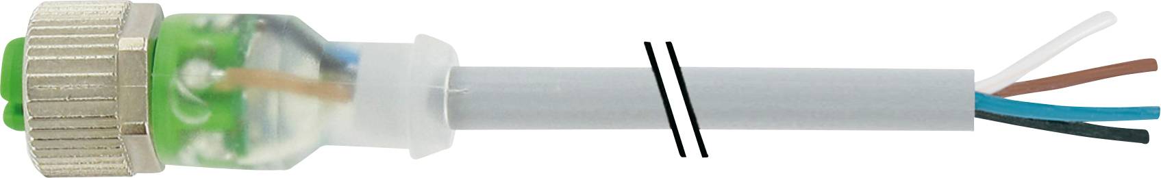 Ein abisoliertes Kabel mit einem abgedeckten Metallanschluss auf der einen Seite und vier farbigen Drähten auf der anderen Seite.