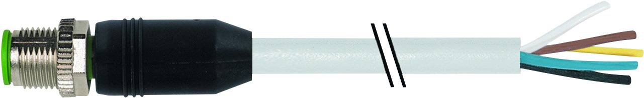 M8-Steckverbinder mit 5 farbigen Kabeln: weiß, braun, grün-gelb, blau und schwarz. Verwendet für elektrische Verbindungen.