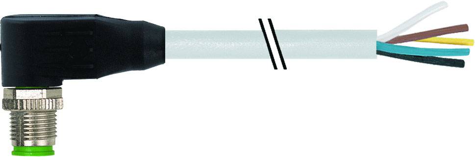 Ein gewinkelter Steckverbinder mit einem weißen Kabel, das fünf frei liegende Drähte in unterschiedlichen Farben zeigt.