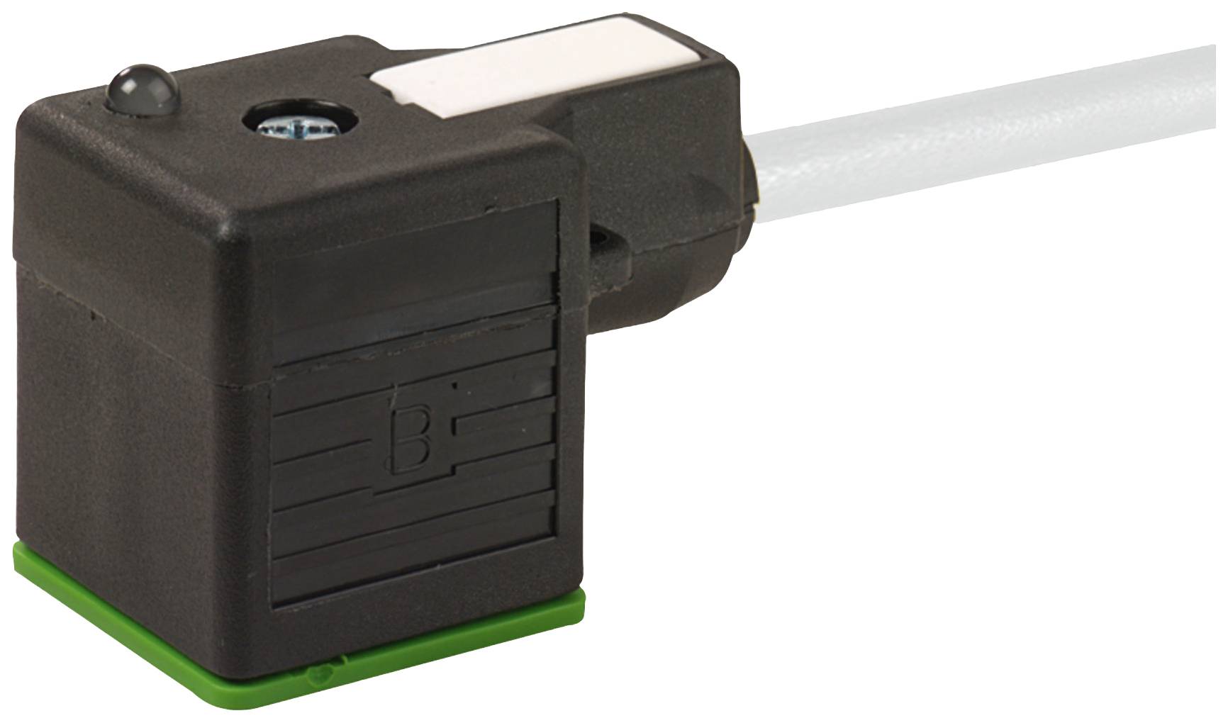 Ein schwarzer elektrischer Stecker mit einem weißen Schalter und grünem Sockel, angeschlossen an ein weißes Kabel.