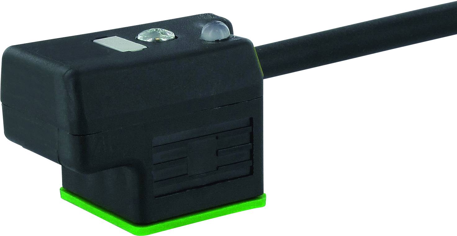 Ein schwarzer elektrischer Sensor mit einem Kabel auf weißem Hintergrund. Der Sensor hat ein rechteckiges Gehäuse und eine grüne Basis.