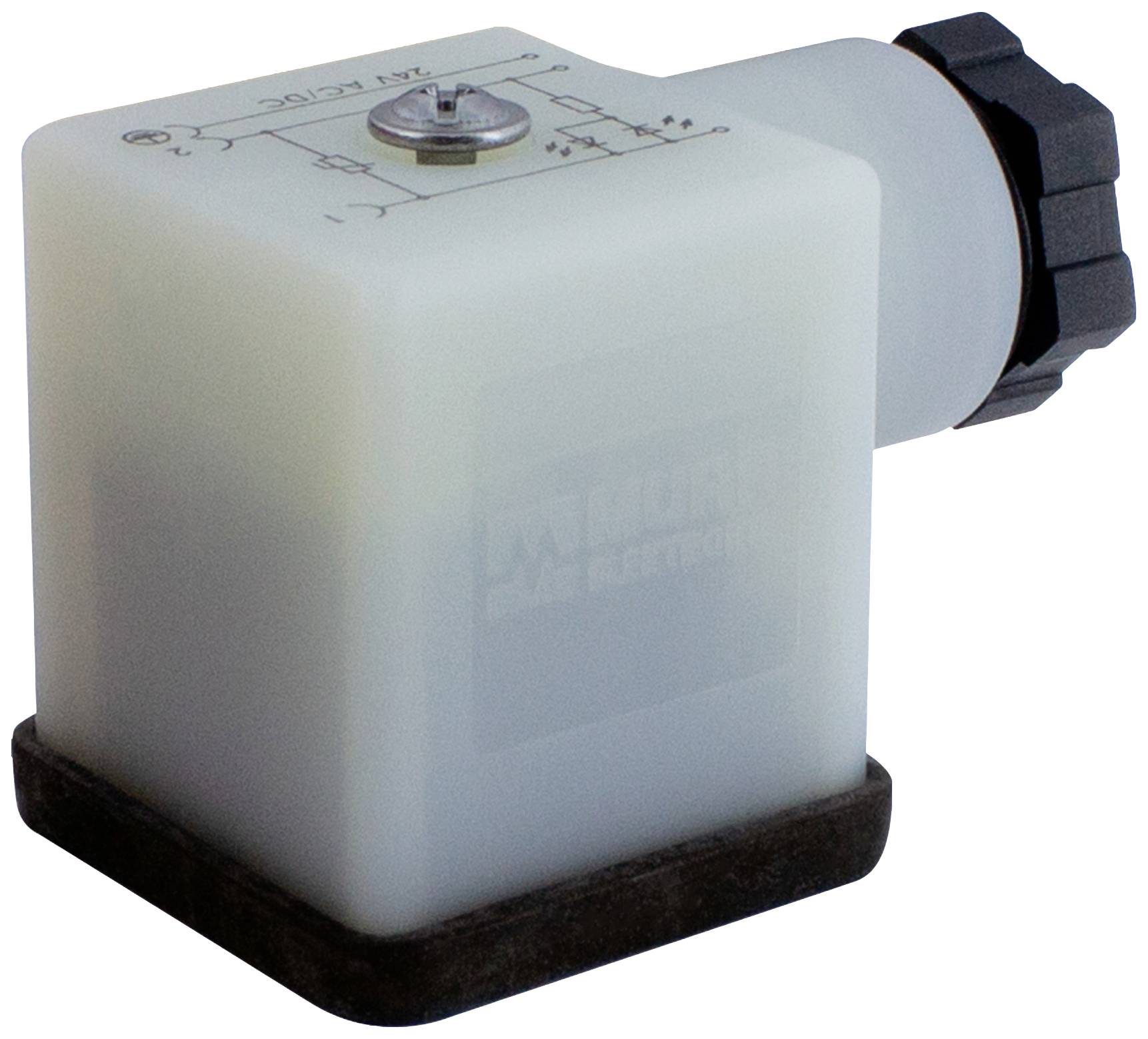 Ein transparenter, weißer elektrischer Anschluss mit Schaltplan obenauf und schwarzer Kappe an der Seite, dient der Verbindung von Geräten.