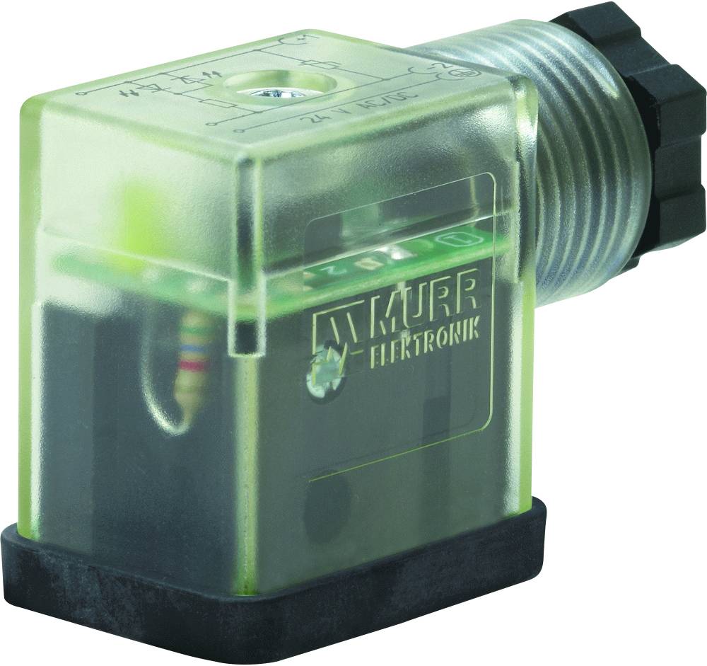 Ein grünes, durchscheinendes elektronisches Bauteil mit schwarzem Sockel, produziert von Murr Elektronik, für industrielle Anwendungen.