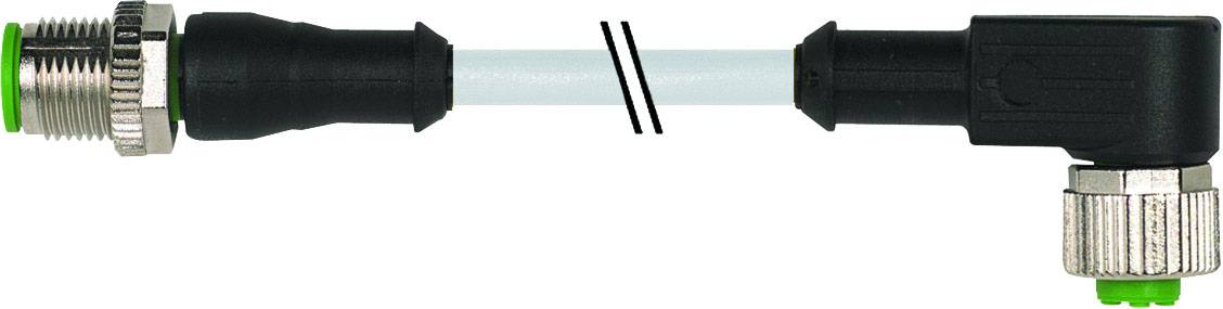 Ein abgewinkeltes M12-Kabel mit geradem und rechtwinkligem Stecker, schwarz, mit grünem Dichtungsring und blauer Kabelisolierung.