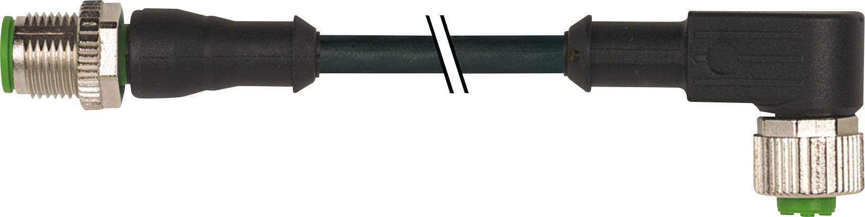 L-förmiger M12-Anschlussstecker mit Kabel. Der Stecker ist rechts abgewinkelt und hat einen Befestigungsring an beiden Enden.