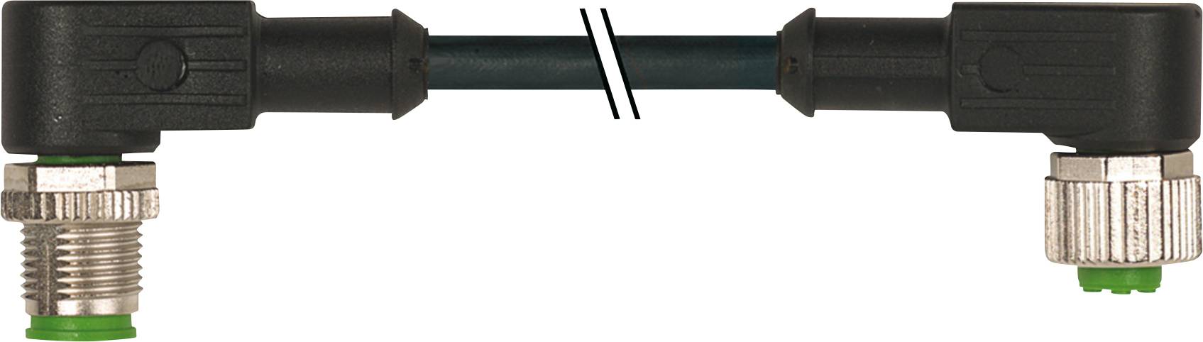 Schwarzes, rechteckiges Kabel, das an beiden Enden mit silbernen Gewinden und grünen Dichtungen abgeschlossen ist, abgewinkelt dargestellt.