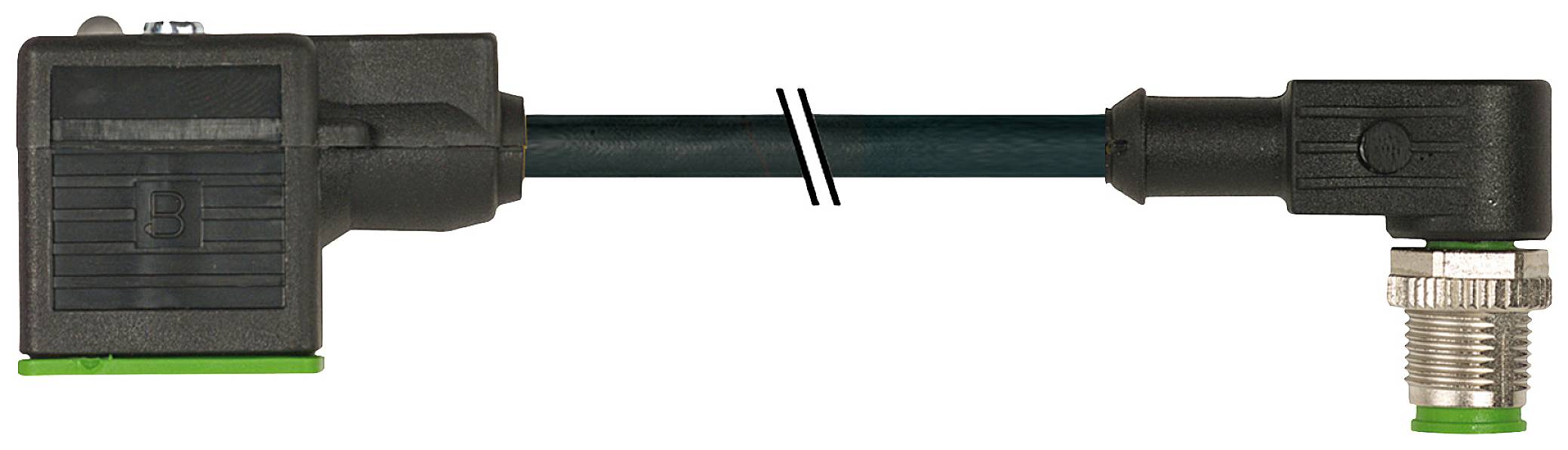 Ein schwarzes, abgewinkeltes Verlängerungskabel mit grünem Steckverbinder rechts und rechteckigem Anschluss links.