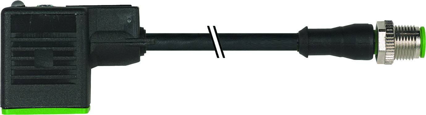 Ein schwarzer elektrischer Stecker mit rechteckigem Gehäuse links, verbunden mit einem Kabel und einem metallischen Rundstecker rechts.