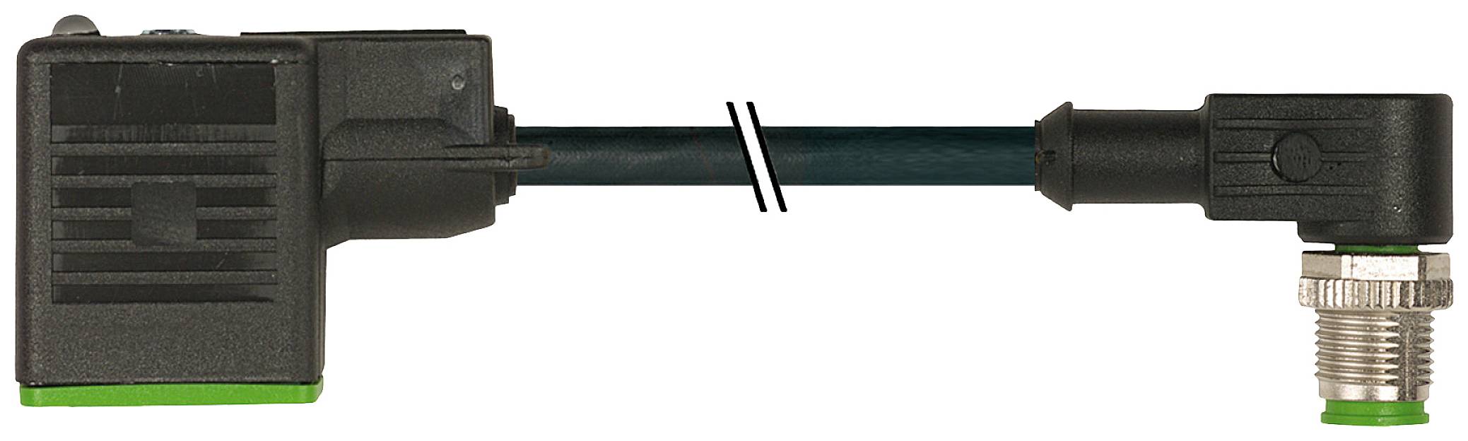 Ein schwarzes, rechtwinkliges Kabel mit Anschlussstücken an beiden Enden, geeignet für Industrieelektronik.