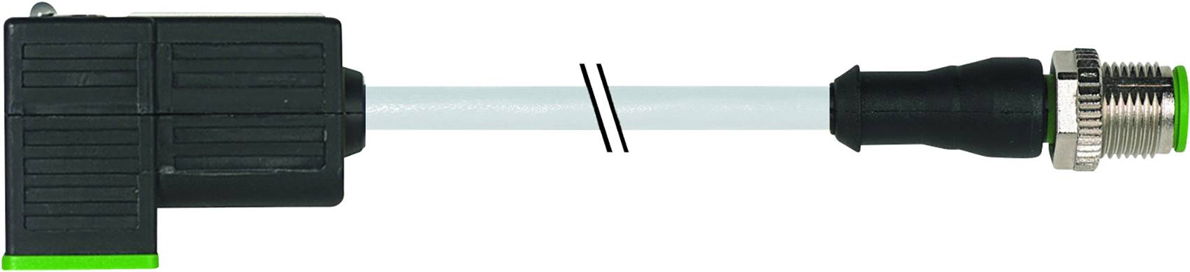 Industrieller M12 Rundsteckverbinder mit Kabel verbunden zu einem rechteckigen Stecker. Beide Stecker haben grüne Markierungen.