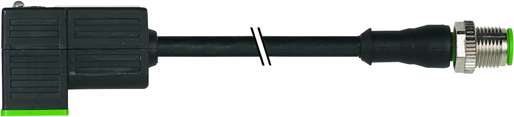 Ein rechteckiger, schwarzer Adapter mit einem Kabel, das in einem runden, metallischen Stecker endet. Beide Enden haben grüne Markierungen.