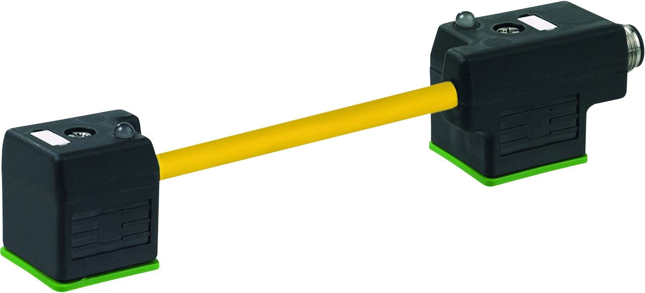 Ein rechteckiger schwarzer Sensor mit gelbem Kabel verbindet zwei schwarze Gehäuse, die auf grünen Sockeln montiert sind.