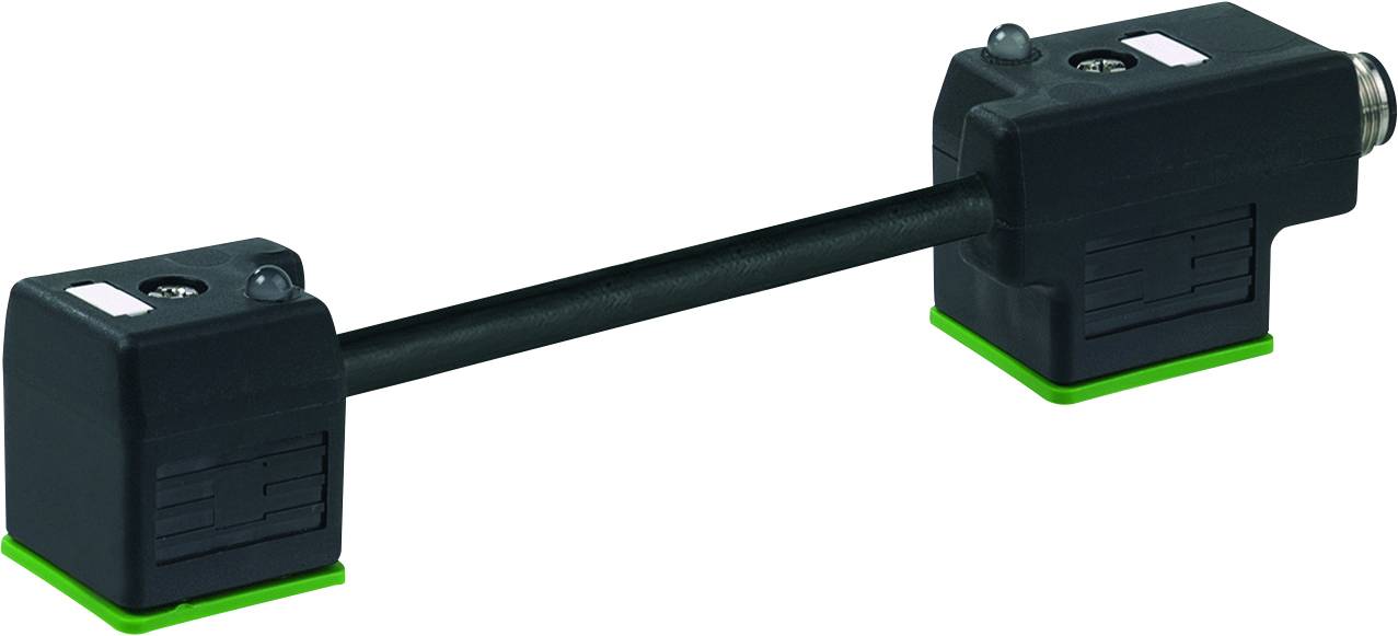 Zwei identische schwarze elektronische Geräte mit einem Verbindungskabel dazwischen, auf grünen Sockeln montiert.