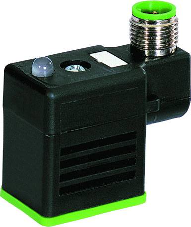 Ein schwarzer elektrischer Steckverbinder mit grünem Sockel und Anschluss. Oberhalb befindet sich eine LED-Anzeige. Geeignet für industrielle Anwendungen.