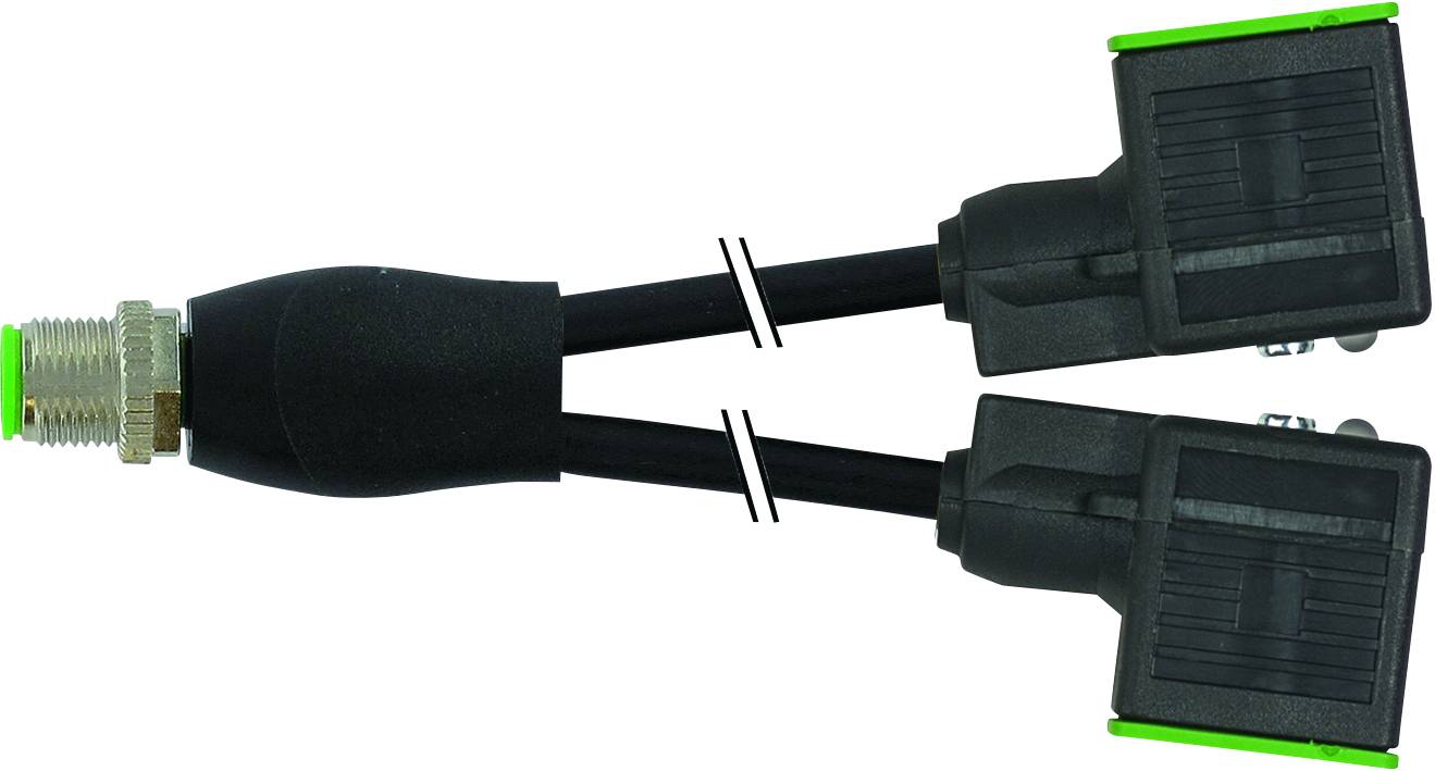 Y-Verbindungskabel mit Steckern an beiden Enden und einem zentralen Anschluss, verwendet für elektrische Verbindungen.