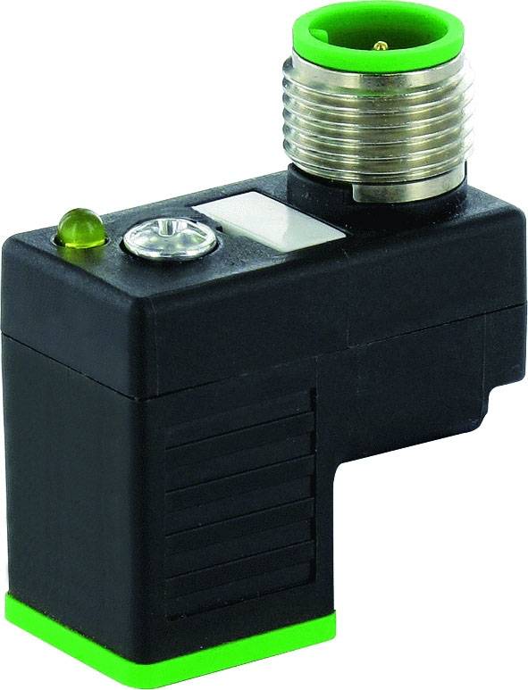 Schwarzer elektrischer Steckverbinder mit grünem LED-Licht und Metallgewinde, verwendet in industriellen Anwendungen.