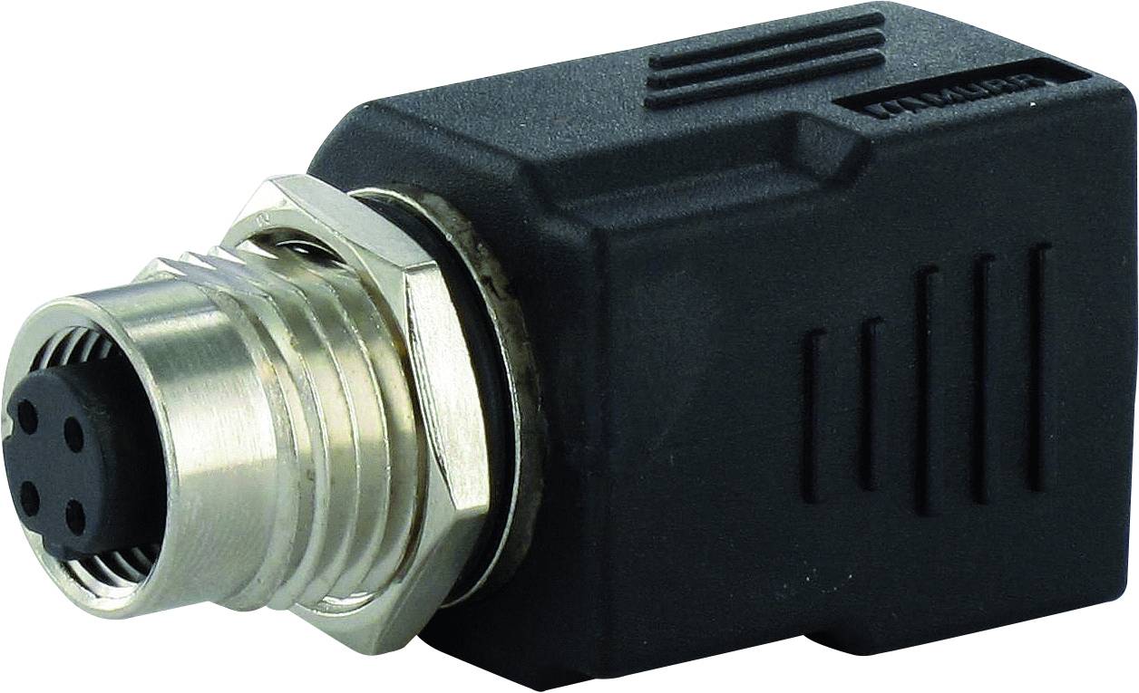 Schwarzer M12-Stecker mit Metallgewinde und vier Steckplätzen, geeignet für robuste industrielle Anwendungen und Sensorverbindungen.