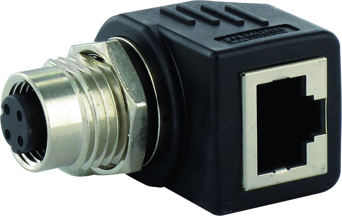 Ein Adapterstecker mit einer metallischen Rundbuchse auf der linken Seite und einem rechteckigen Ethernet-Port auf der rechten Seite.
