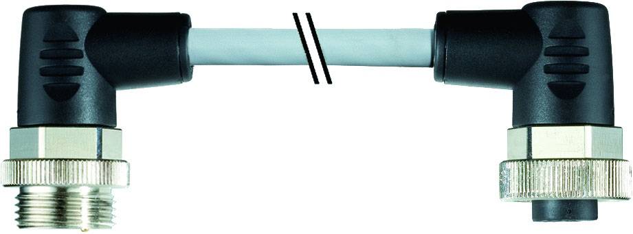 Vernickelter 90-Grad-Winkelstecker mit grauem Kabel, verbunden durch einen Doppelt-Stecker. Ideal für dichte Anschlussräume.