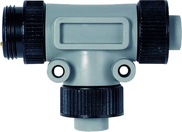 Graues Kunststoffverbindungsstück in T-Form mit schwarzen Gewinden an den Enden. Geeignet für Gartenschlauch- oder Bewässerungssysteme.