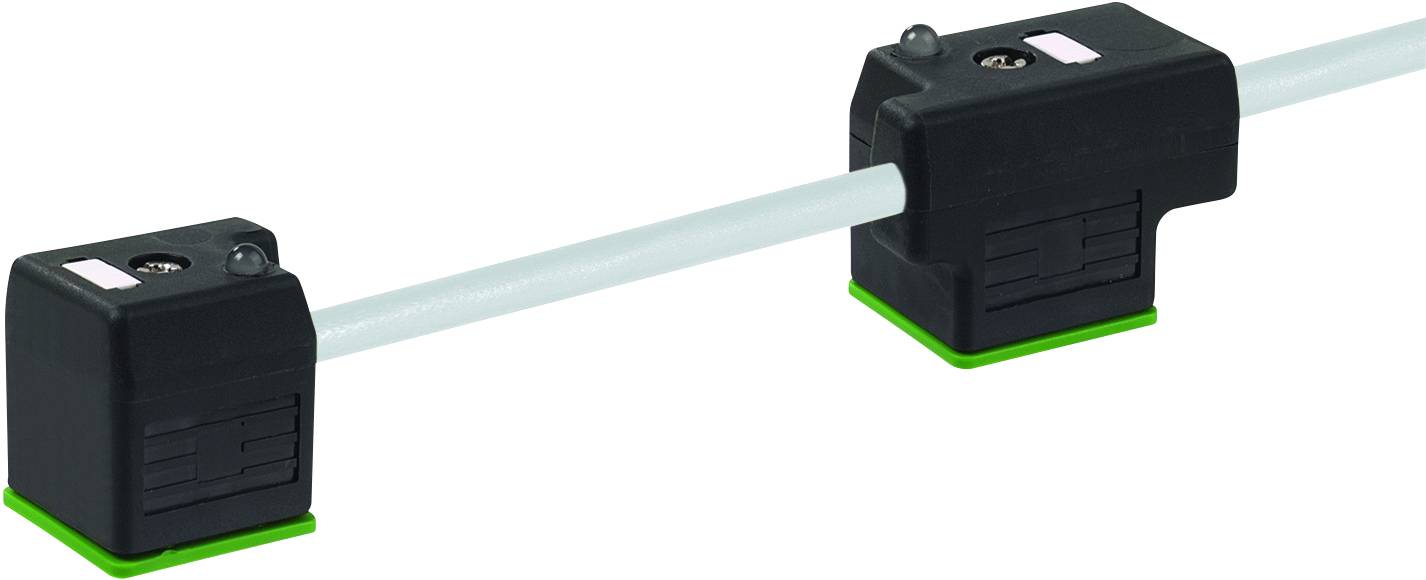 Zwei schwarze Klemmen halten ein weißes Kabel, befestigt auf grünen Sockeln.