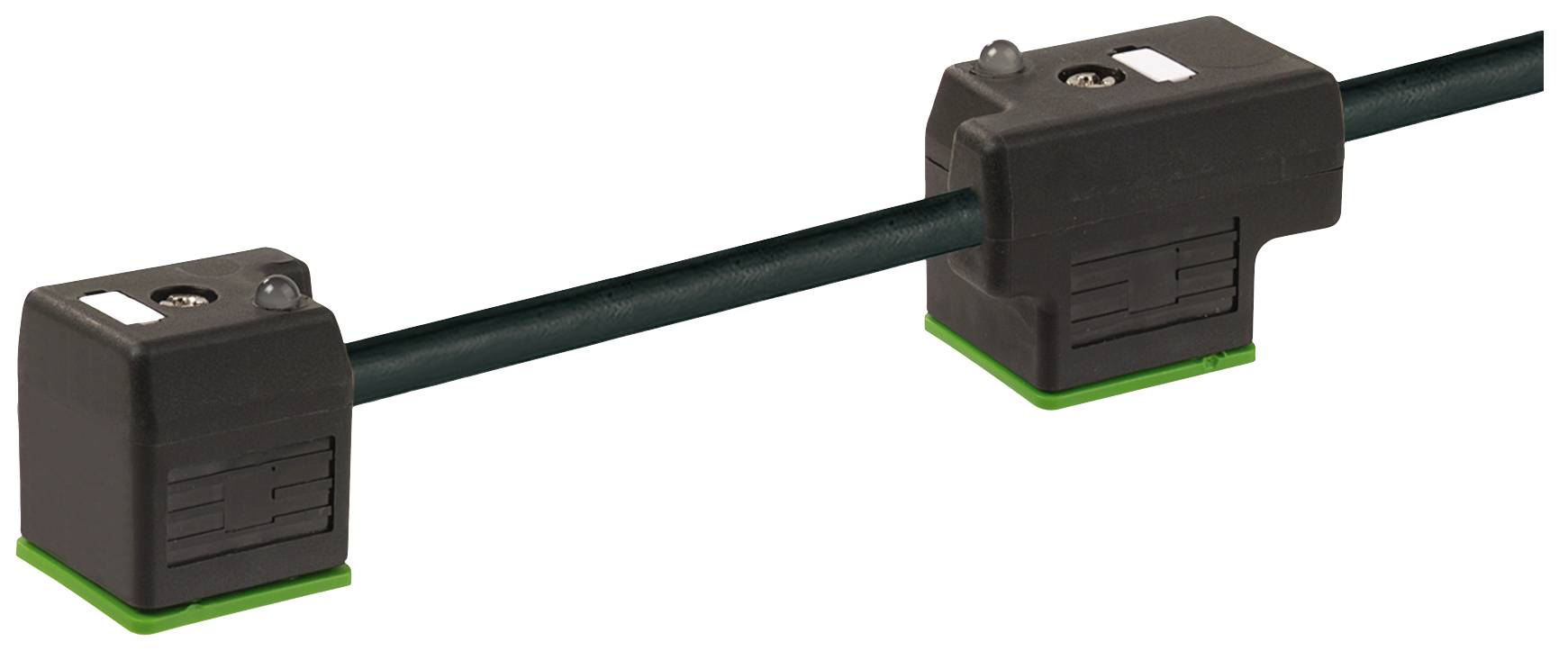 Zwei schwarze Sensorklemmen umschließen ein Kabel, die auf grünen Basisplatten montiert sind. Sie dienen zur Messung elektrischer Ströme.