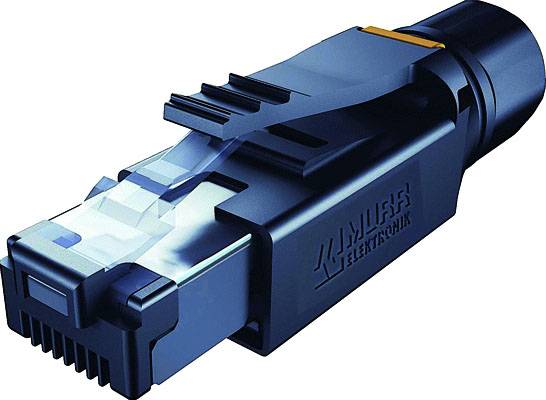 Ein Ethernet-Stecker mit Schutzabdeckung, gestaltet für Netzwerkkabelverbindungen. Verbindet Geräte zur Datenübertragung im LAN.