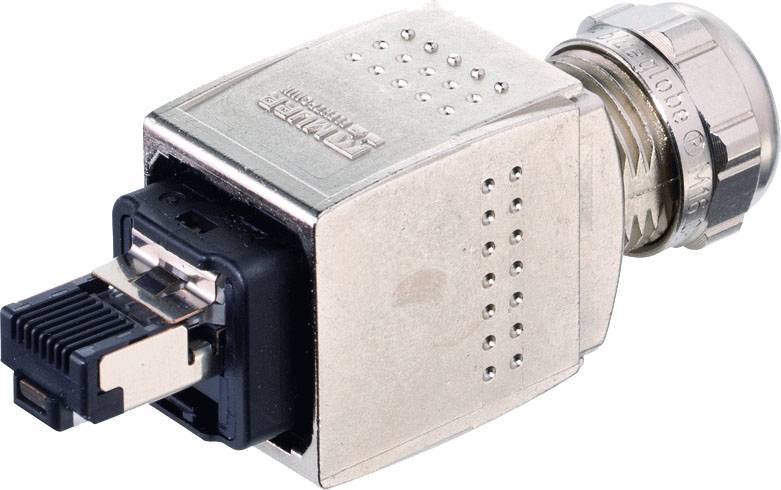 Ein industrieller Steckverbinder mit Metallgehäuse und Verriegelungsmechanismus, geeignet für Ethernet-Verbindungen in rauen Umgebungen.