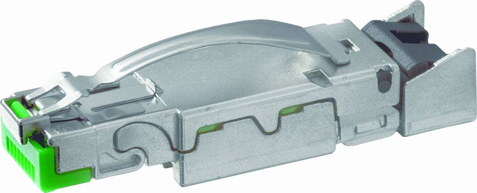 Ein silberner, rechteckiger mechanischer Stecker mit einem grünen Element an einem Ende, geeignet für industrielle oder elektronische Anwendungen.