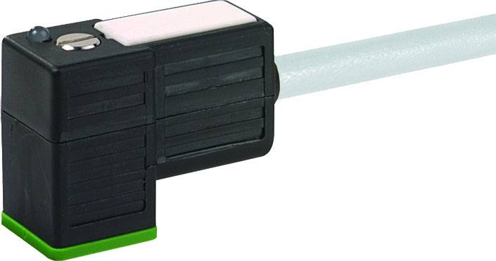 Ein schwarzer elektrischer Stecker mit grünem Sockel und grauem Kabel, geeignet für industrielle Anwendungen.