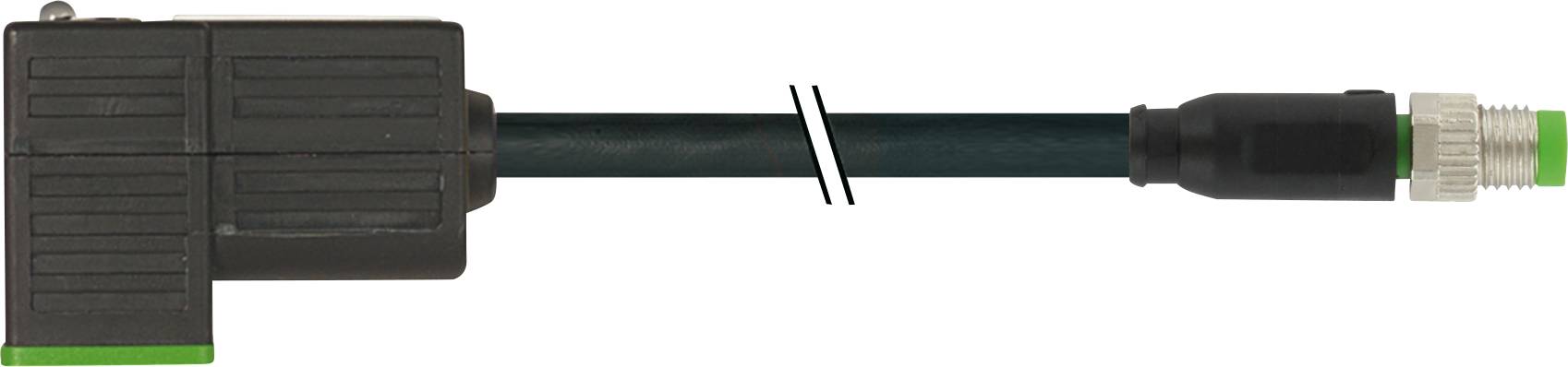 Ein schwarzes Kabel mit rechtwinkligem Stecker links und geradem, metallischem Anschluss rechts.